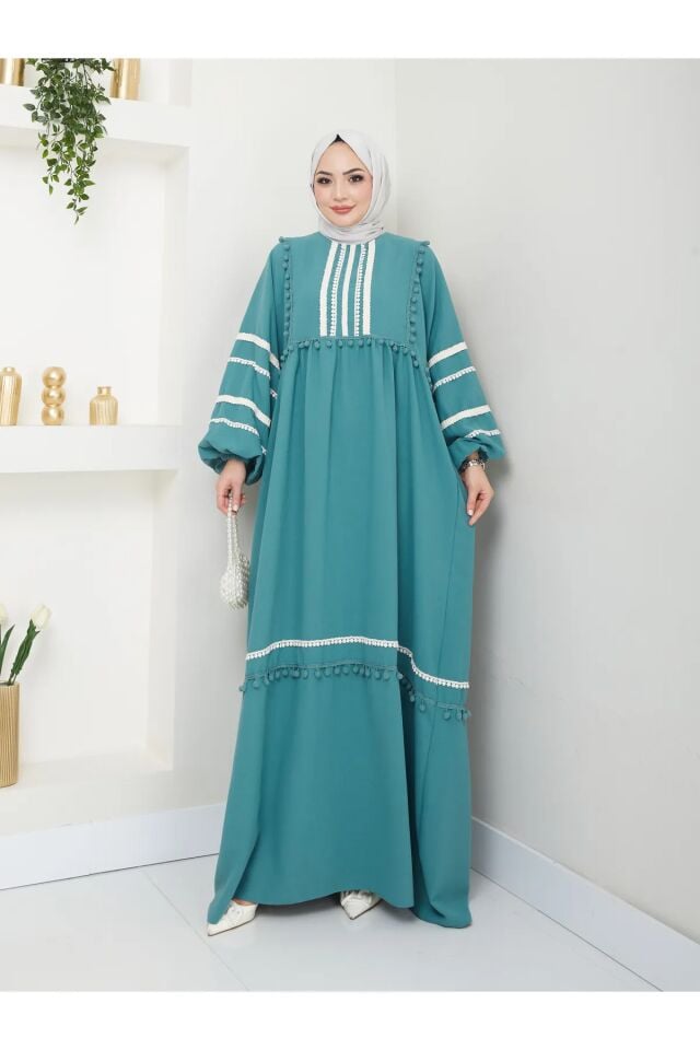 Şerit İşlemeli Geniş Elbise Turkuaz 4XL
