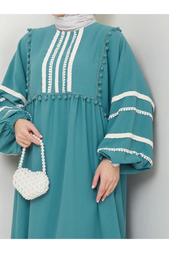 Şerit İşlemeli Geniş Elbise Turkuaz 4XL