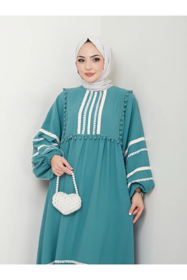 Şerit İşlemeli Geniş Elbise Turkuaz 4XL