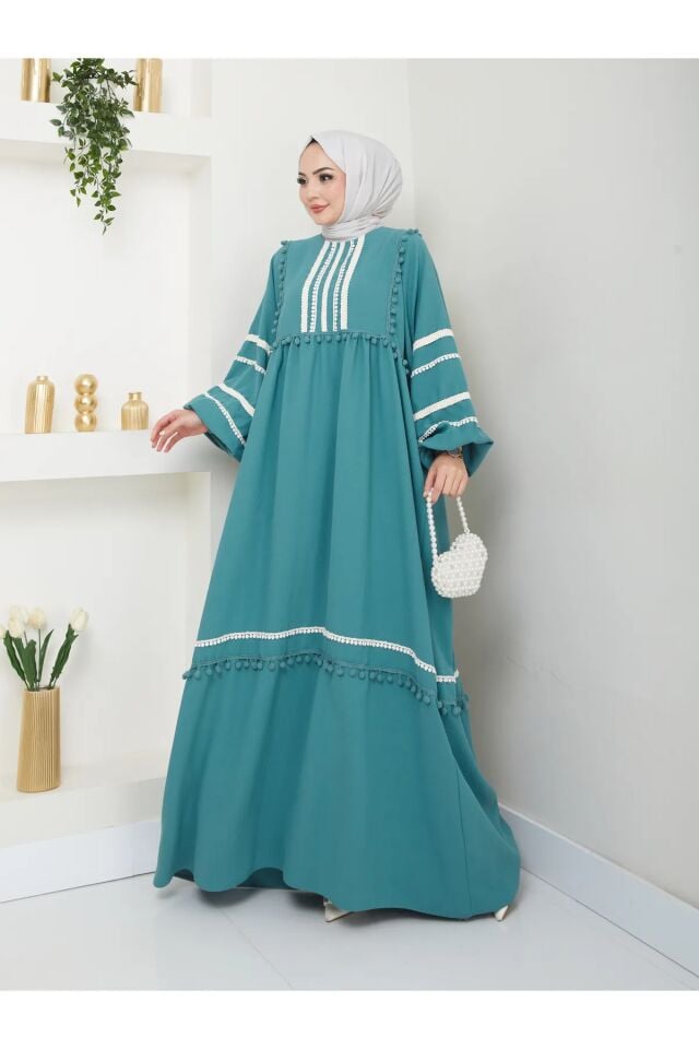 Şerit İşlemeli Geniş Elbise Turkuaz 4XL