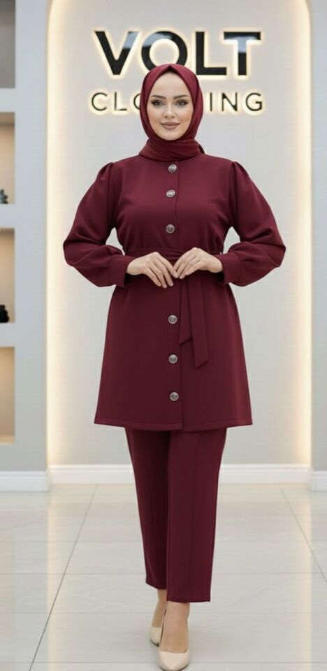 Metal Düğmeli Scuba Pantolonlu Takım Bordo M