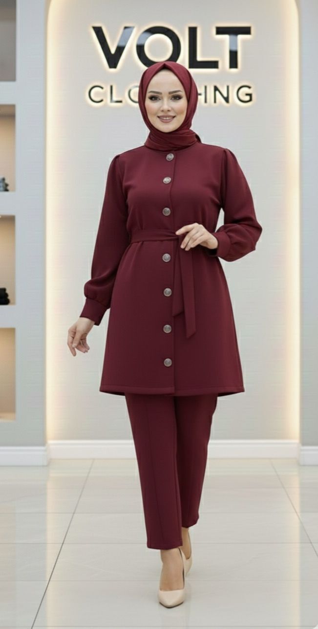 Metal Düğmeli Scuba Pantolonlu Takım Bordo M