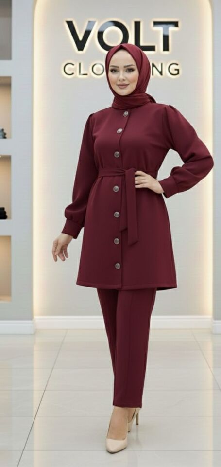 Metal Düğmeli Scuba Pantolonlu Takım Bordo M