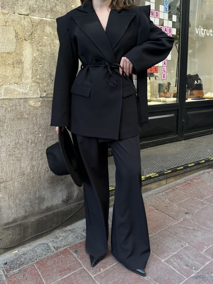 İp Bağlamalı Omuz Detaylı Astarlı Blazer Ceket Siyah S