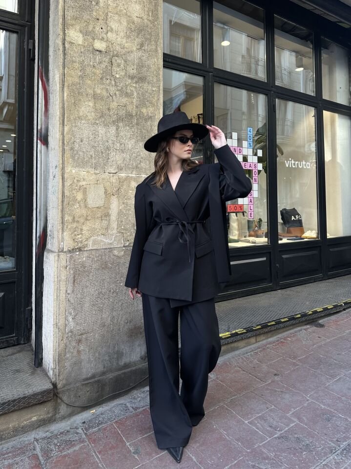 İp Bağlamalı Omuz Detaylı Astarlı Blazer Ceket Siyah S