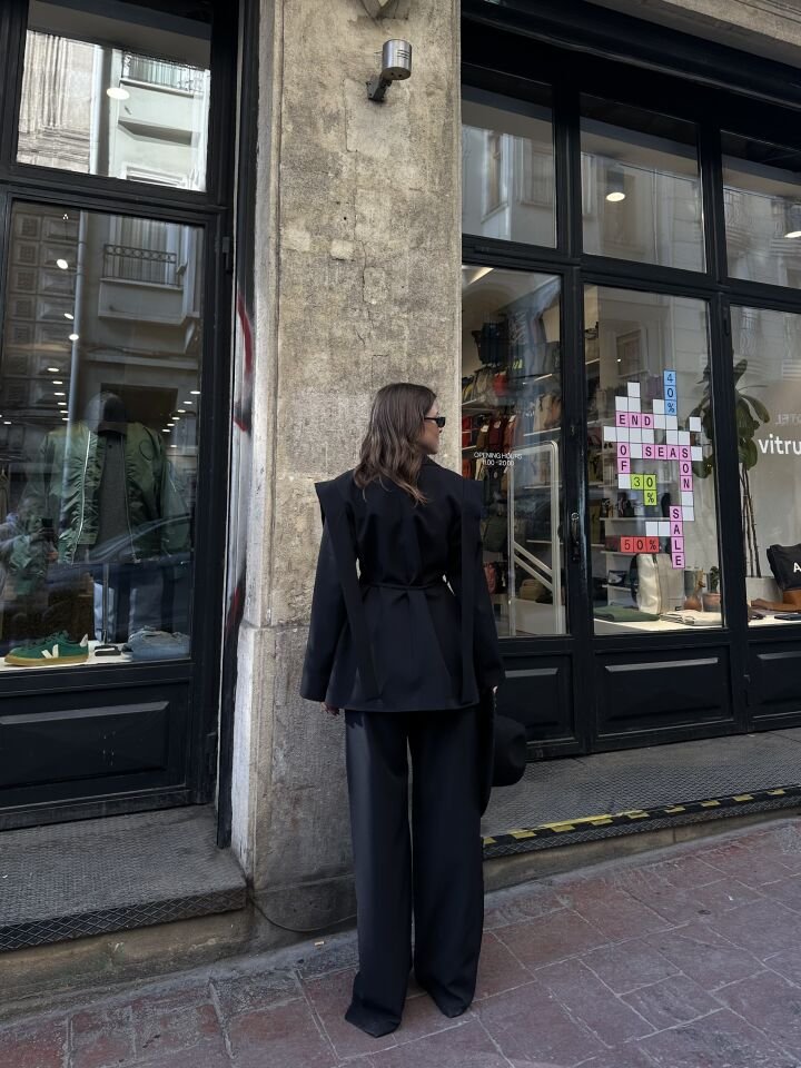 İp Bağlamalı Omuz Detaylı Astarlı Blazer Ceket Siyah S