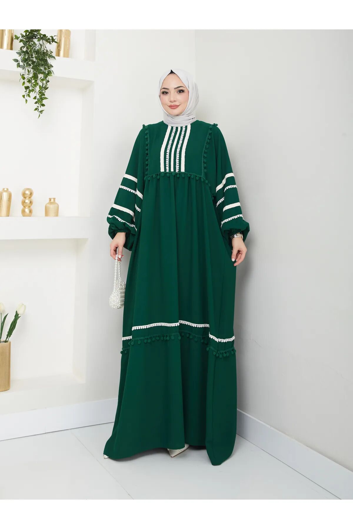 Şerit İşlemeli Geniş Elbise Zümrüt 4XL