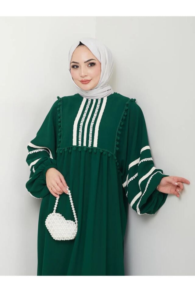 Şerit İşlemeli Geniş Elbise Zümrüt 4XL