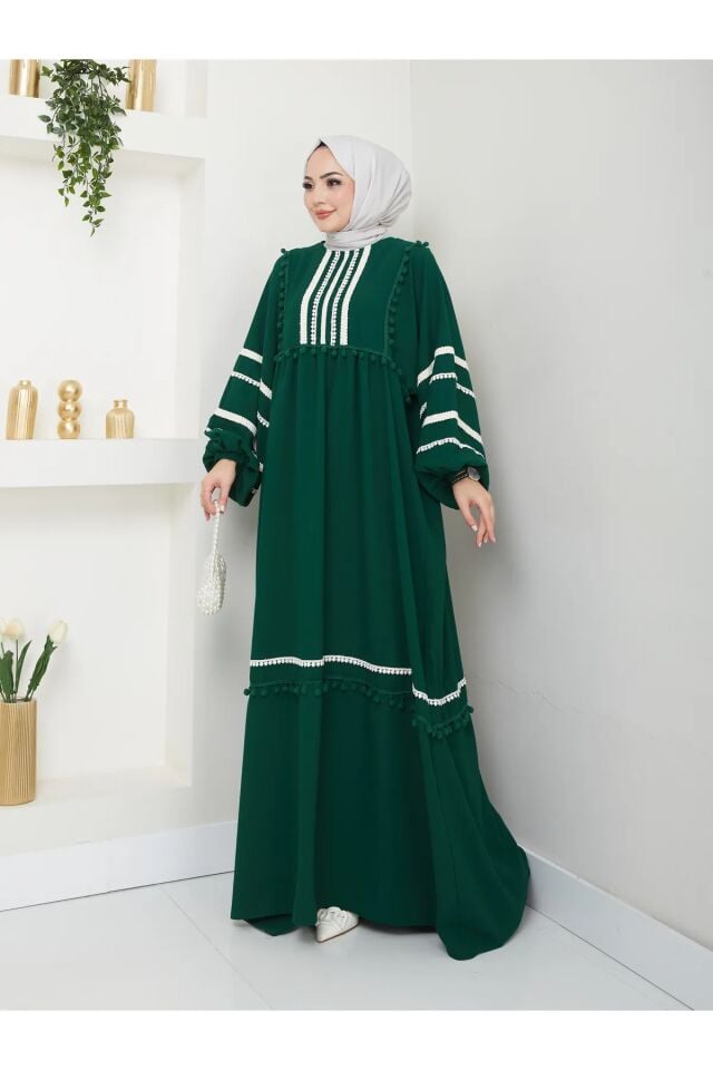 Şerit İşlemeli Geniş Elbise Zümrüt 4XL