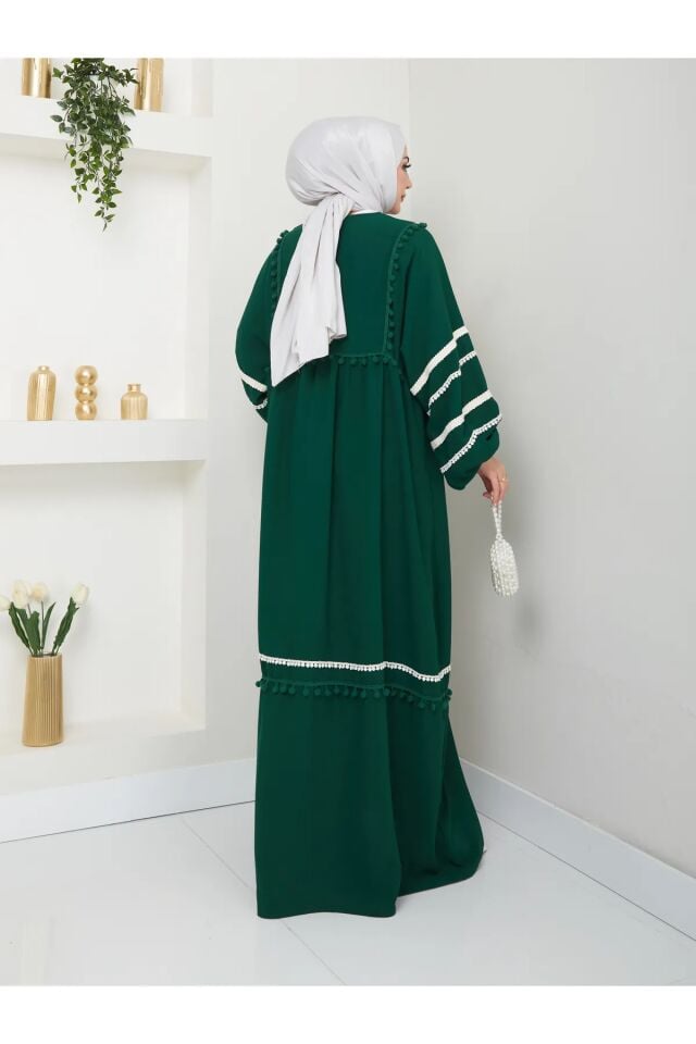 Şerit İşlemeli Geniş Elbise Zümrüt 4XL