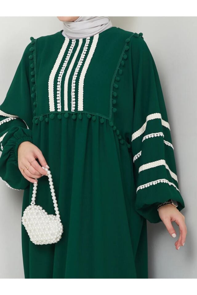 Şerit İşlemeli Geniş Elbise Zümrüt 4XL