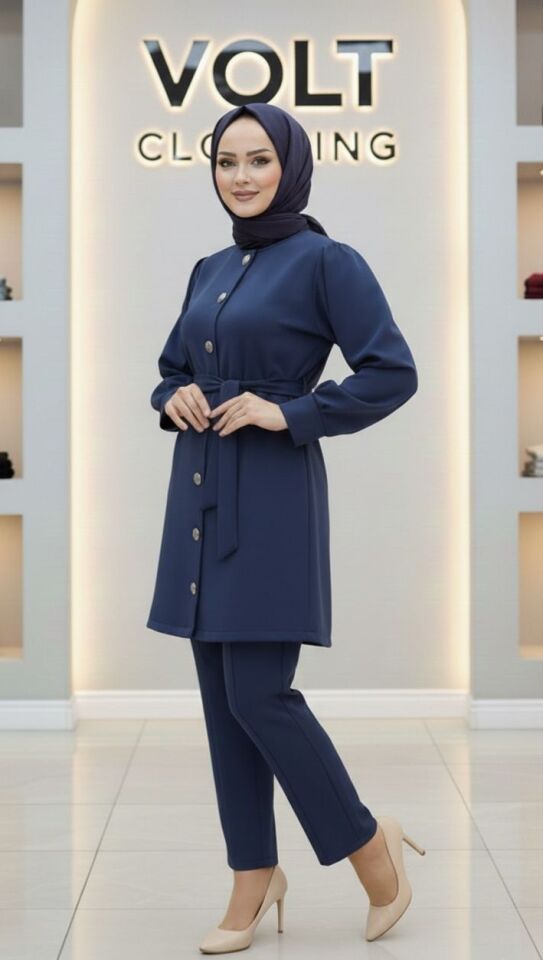 Metal Düğmeli Scuba Pantolonlu Takım Lacivert M