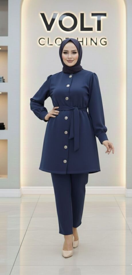 Metal Düğmeli Scuba Pantolonlu Takım Lacivert 2XL