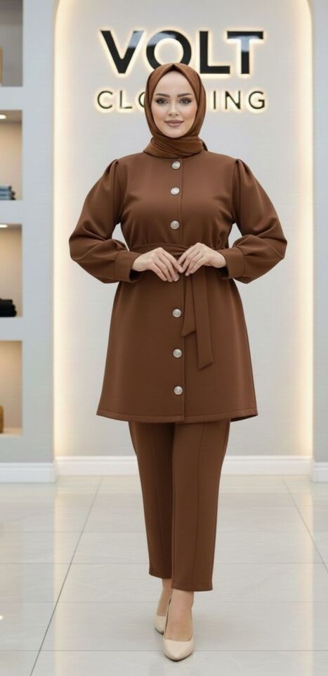 Metal Düğmeli Scuba Pantolonlu Takım Kahverengi 2XL