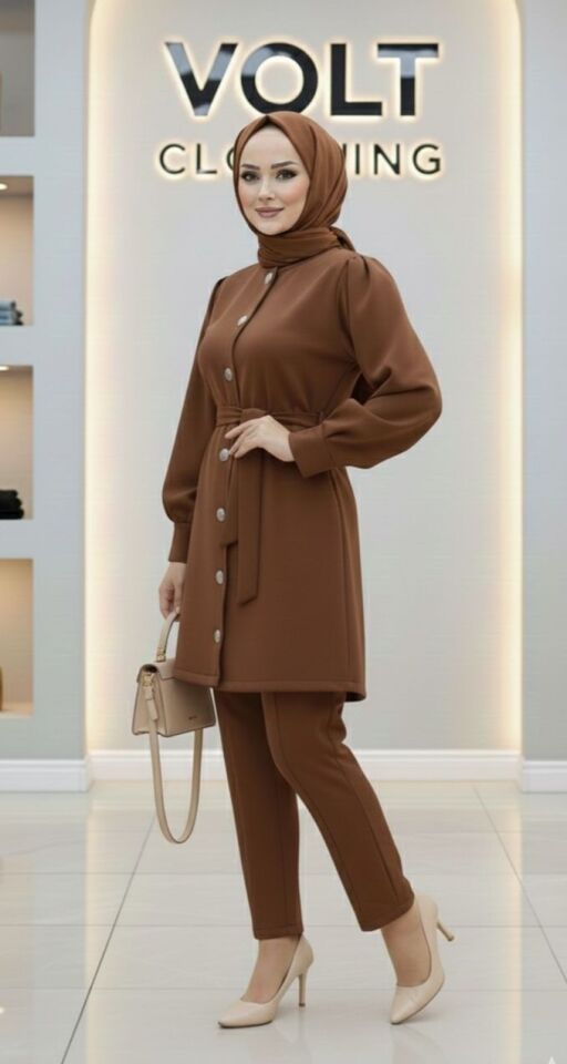 Metal Düğmeli Scuba Pantolonlu Takım Kahverengi 2XL