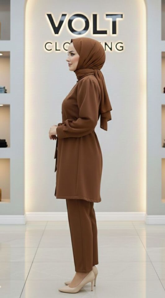 Metal Düğmeli Scuba Pantolonlu Takım Kahverengi 2XL