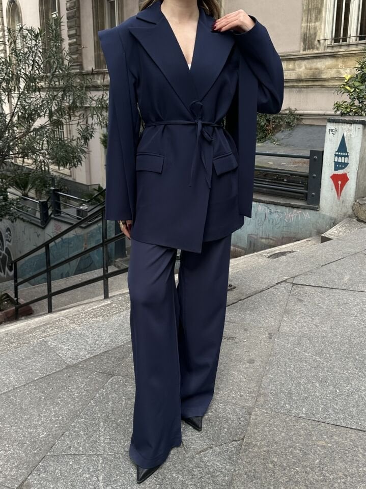 İp Bağlamalı Omuz Detaylı Astarlı Blazer Ceket Lacivert S