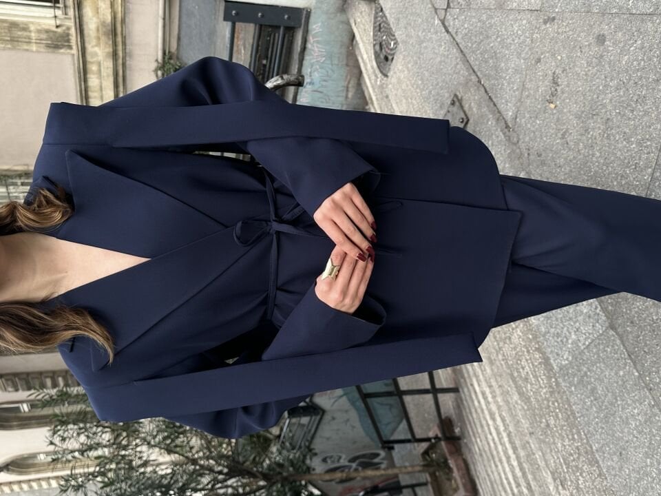 İp Bağlamalı Omuz Detaylı Astarlı Blazer Ceket Lacivert S