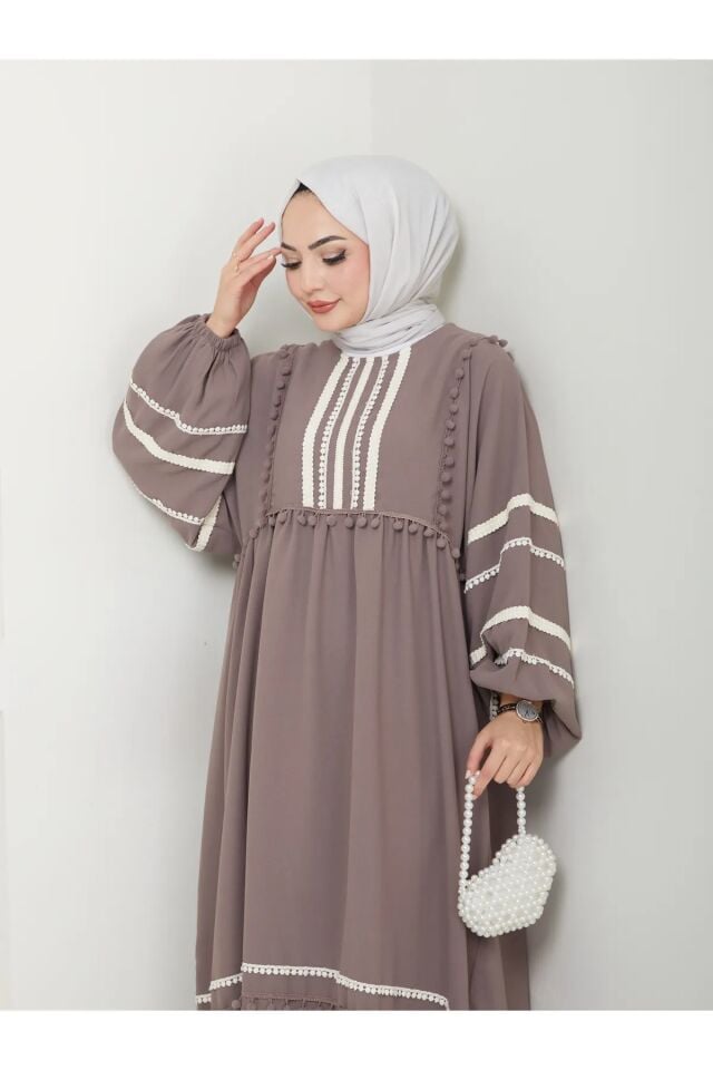 Şerit İşlemeli Geniş Elbise Gri 4XL