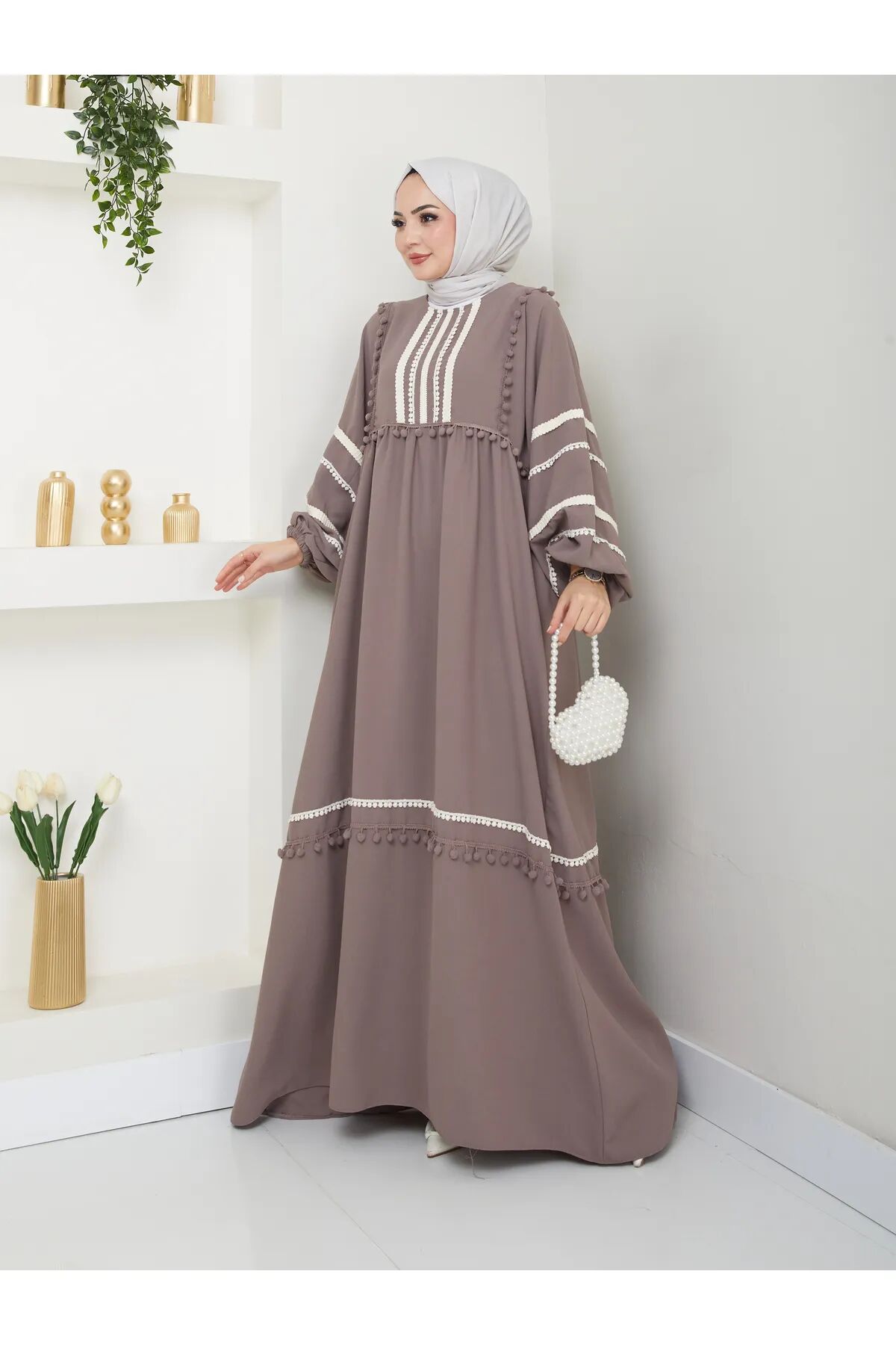 Şerit İşlemeli Geniş Elbise Gri 4XL