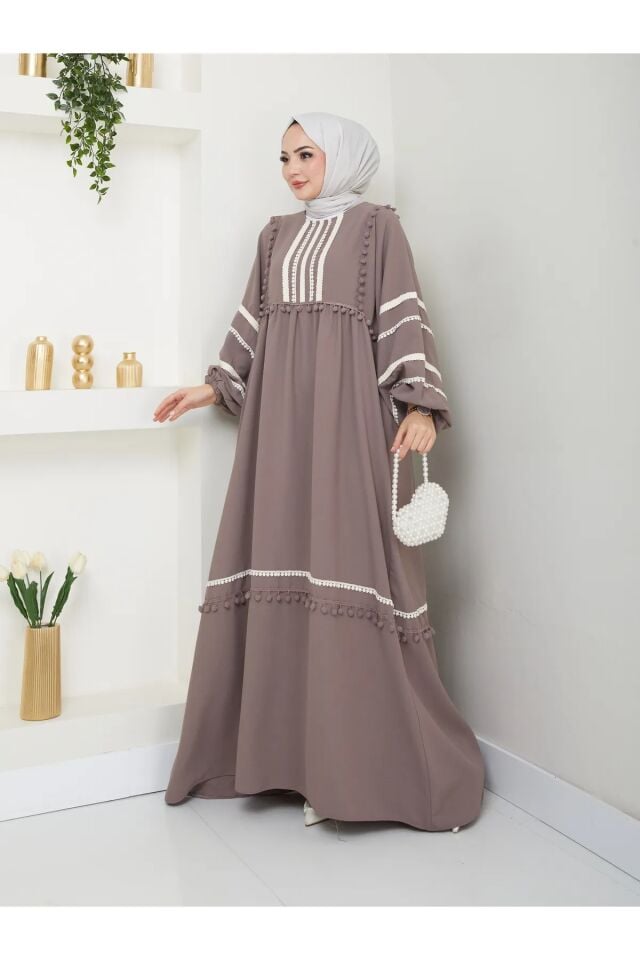 Şerit İşlemeli Geniş Elbise Gri 4XL