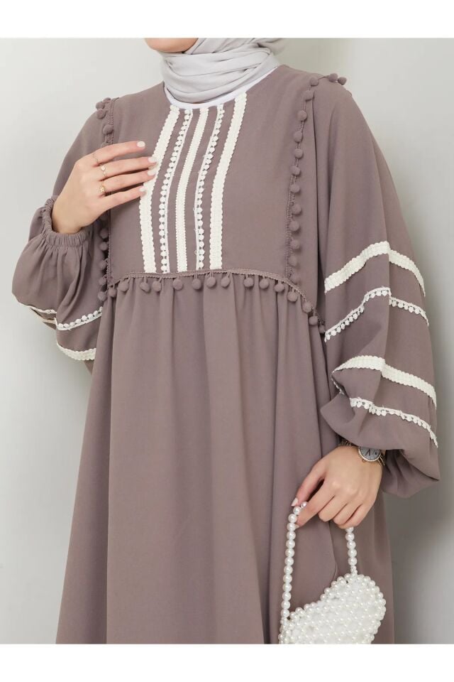 Şerit İşlemeli Geniş Elbise Gri 4XL