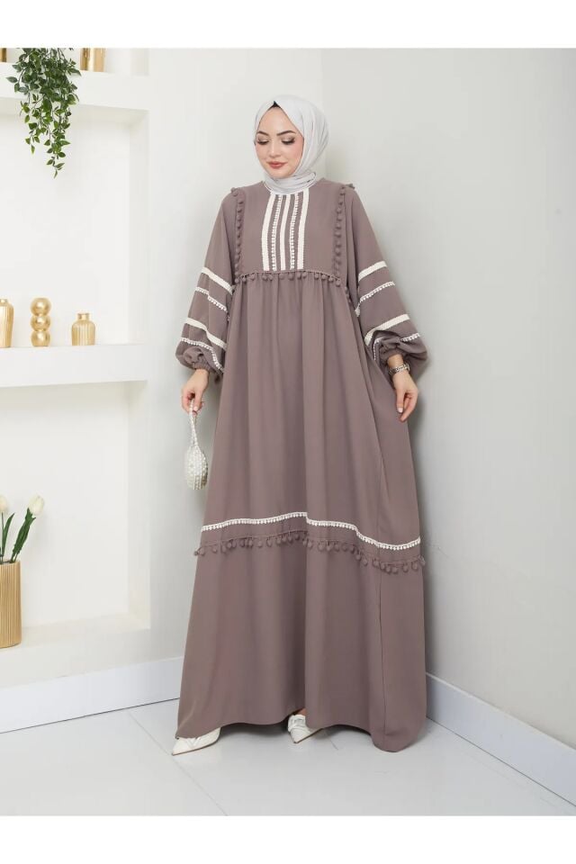 Şerit İşlemeli Geniş Elbise Gri 4XL