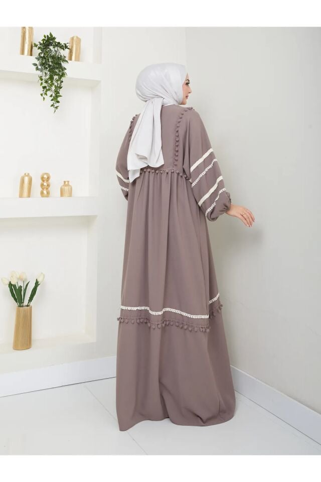 Şerit İşlemeli Geniş Elbise Gri 4XL