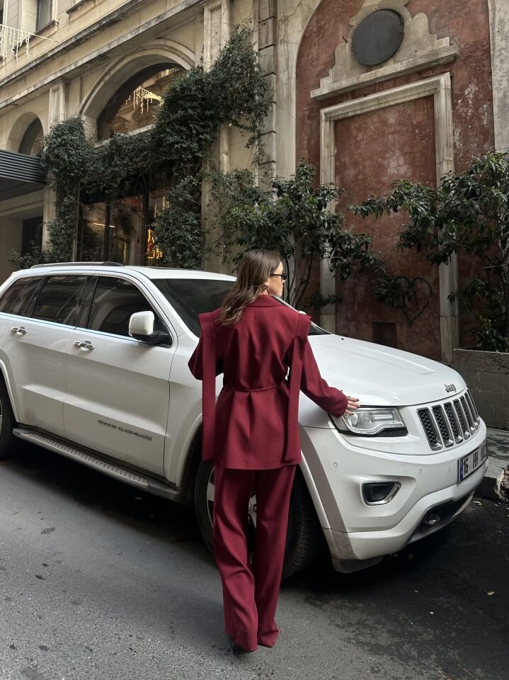 İp Bağlamalı Omuz Detaylı Astarlı Blazer Ceket Bordo S