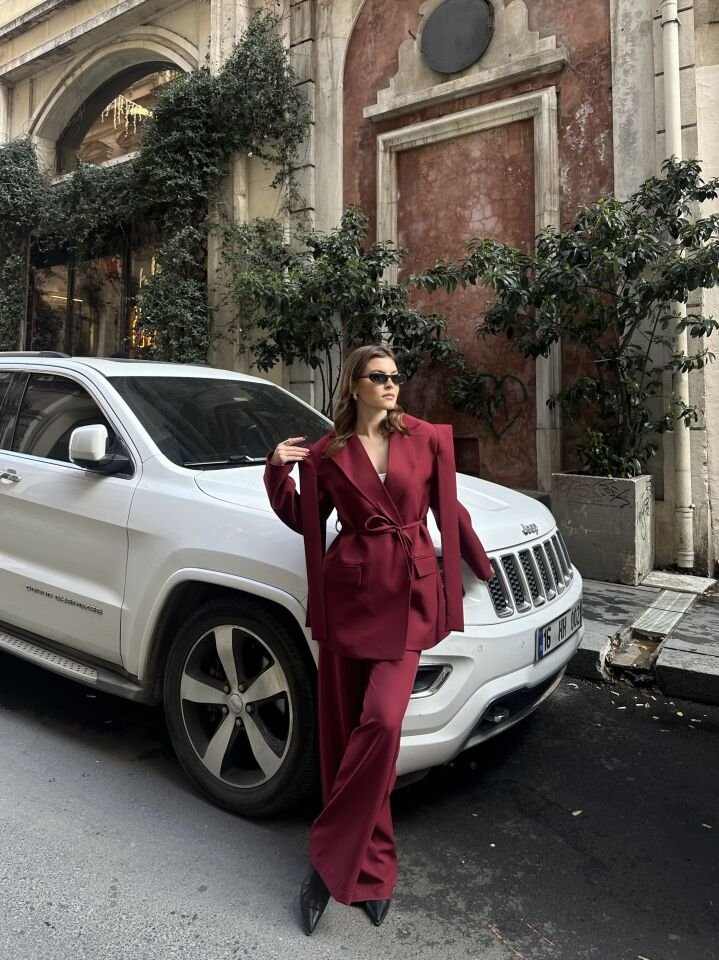 İp Bağlamalı Omuz Detaylı Astarlı Blazer Ceket Bordo S
