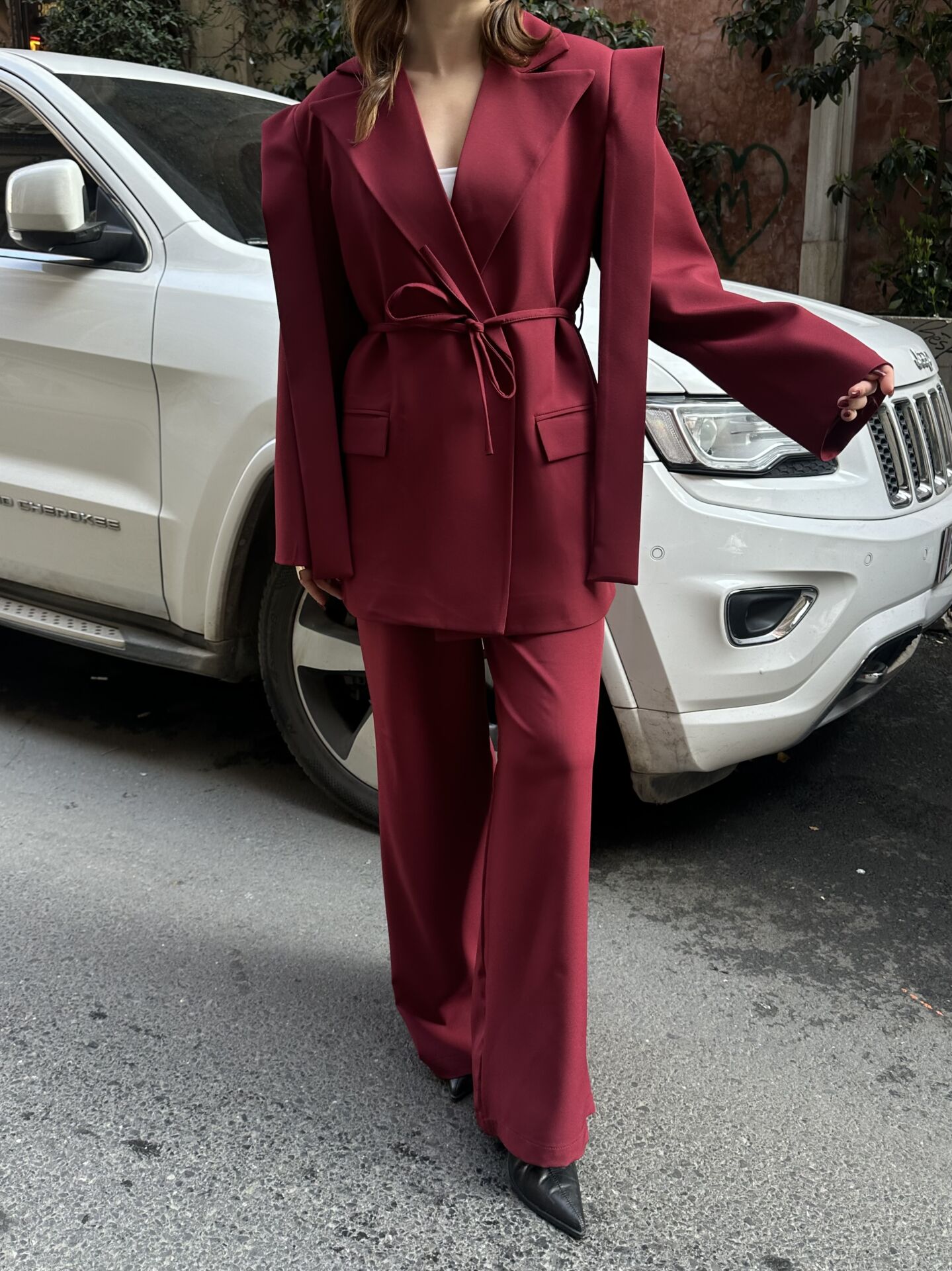 İp Bağlamalı Omuz Detaylı Astarlı Blazer Ceket Bordo S