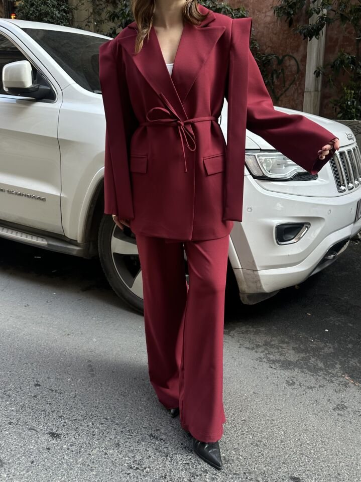 İp Bağlamalı Omuz Detaylı Astarlı Blazer Ceket Bordo S