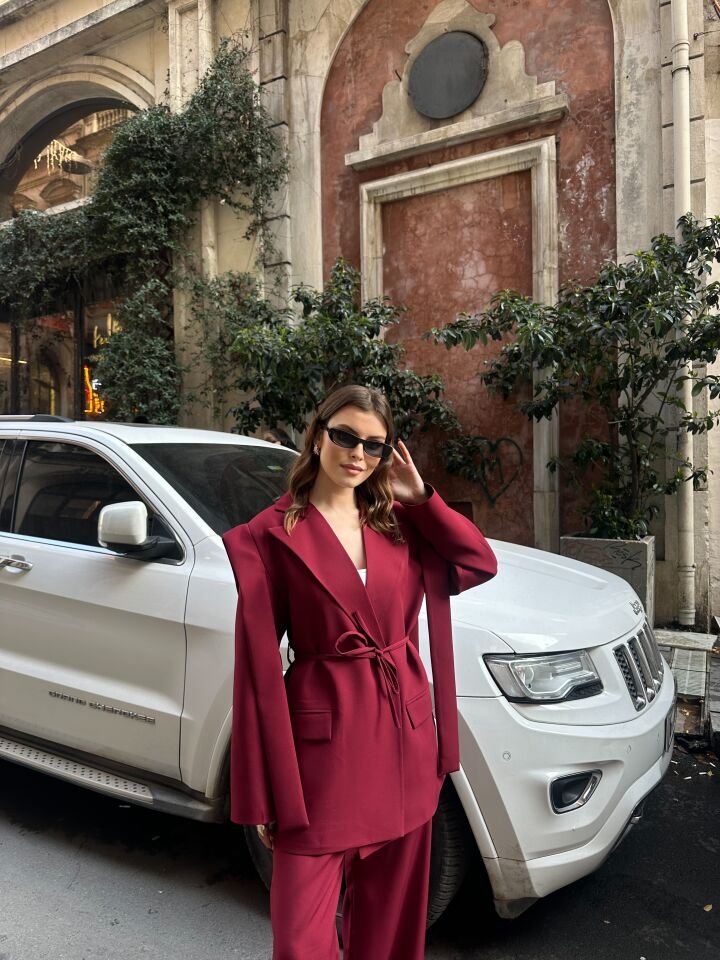 İp Bağlamalı Omuz Detaylı Astarlı Blazer Ceket Bordo S