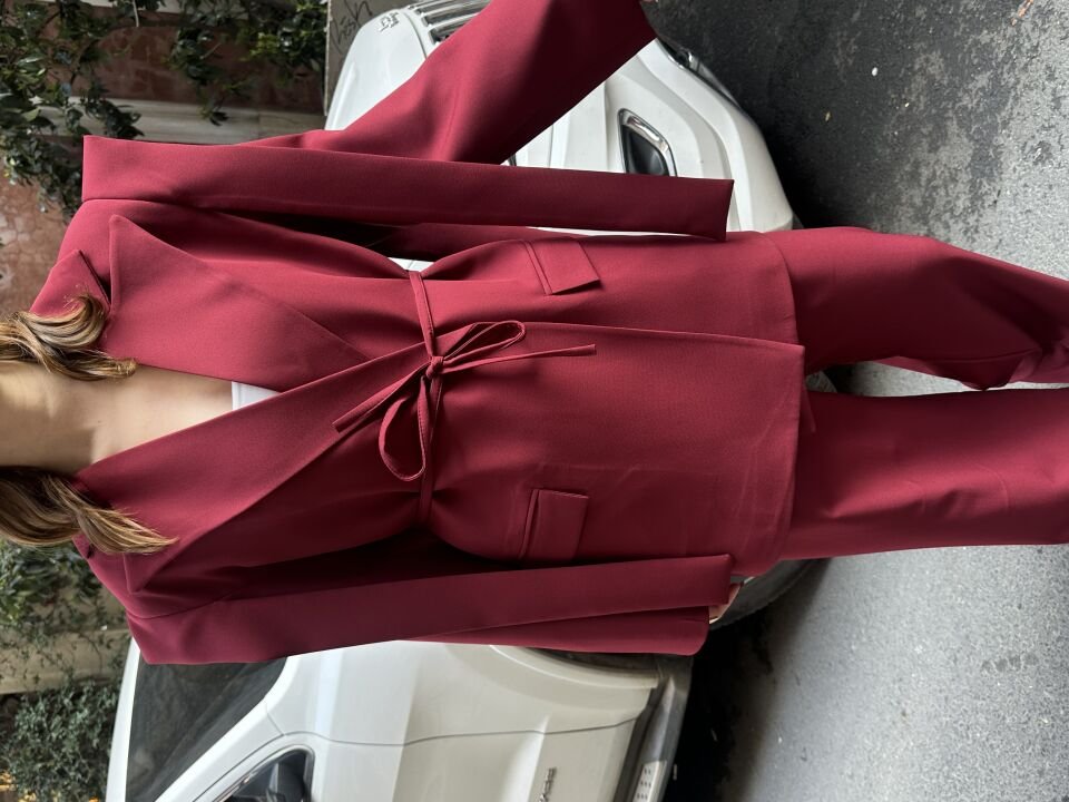 İp Bağlamalı Omuz Detaylı Astarlı Blazer Ceket Bordo S