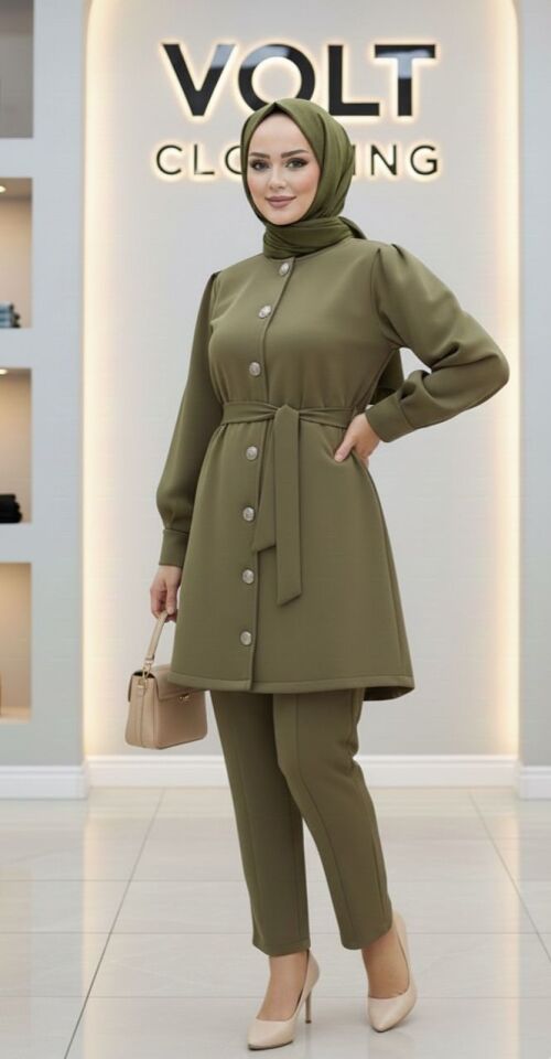 Metal Düğmeli Scuba Pantolonlu Takım Yeşil L