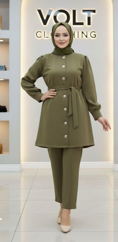 Metal Düğmeli Scuba Pantolonlu Takım Yeşil L