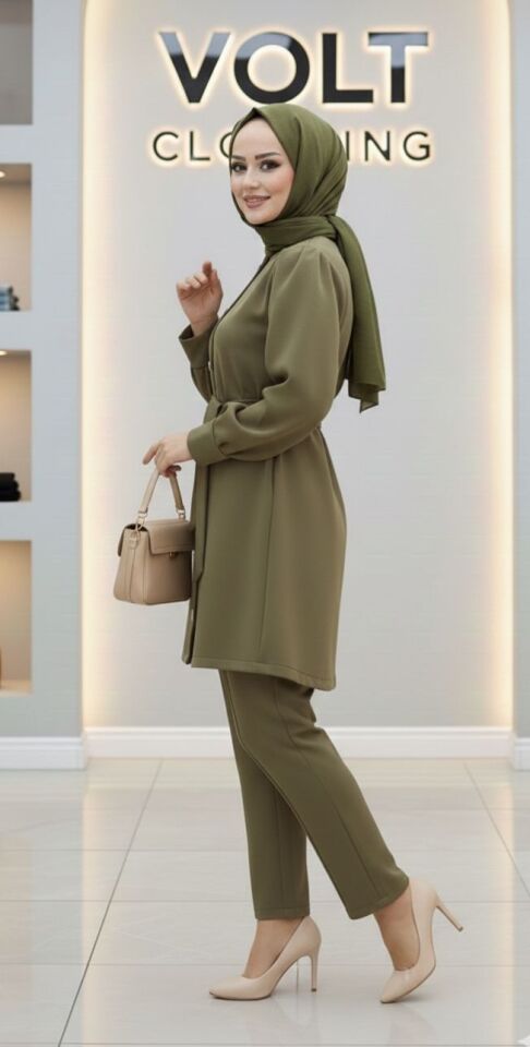 Metal Düğmeli Scuba Pantolonlu Takım Yeşil L