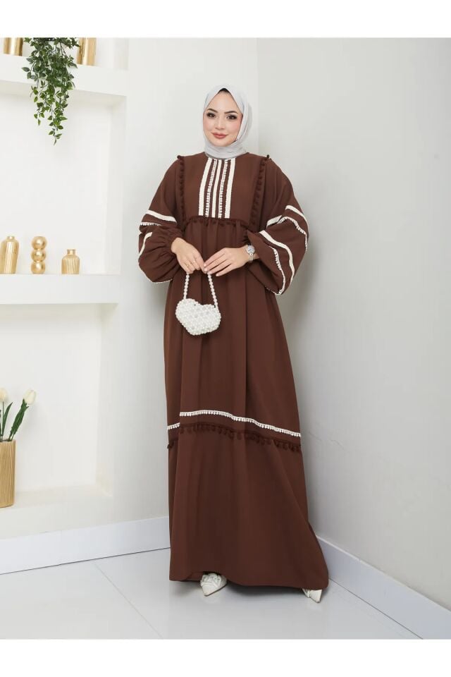 Şerit İşlemeli Geniş Elbise Kahverengi 4XL