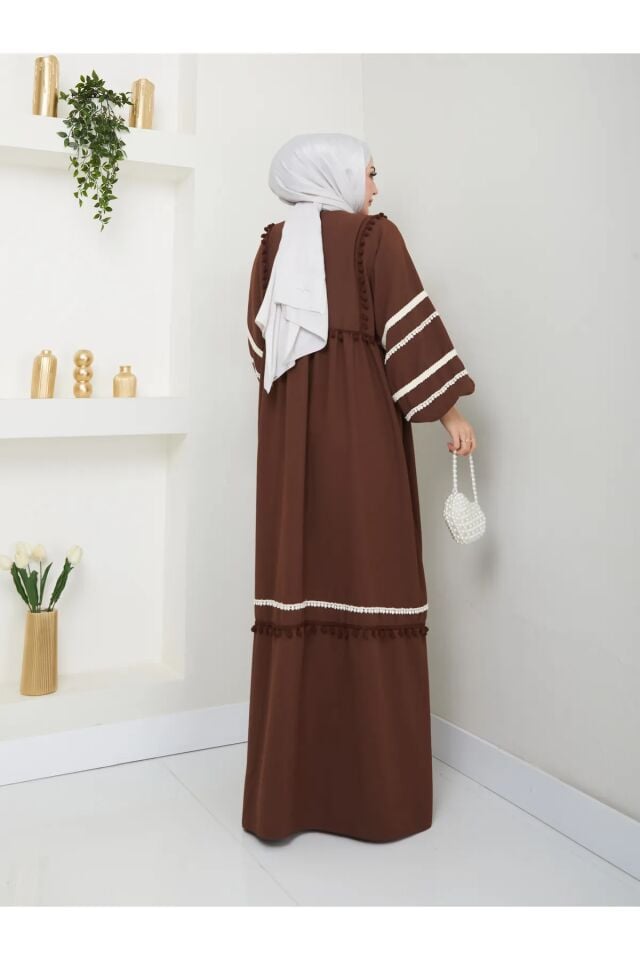 Şerit İşlemeli Geniş Elbise Kahverengi 4XL