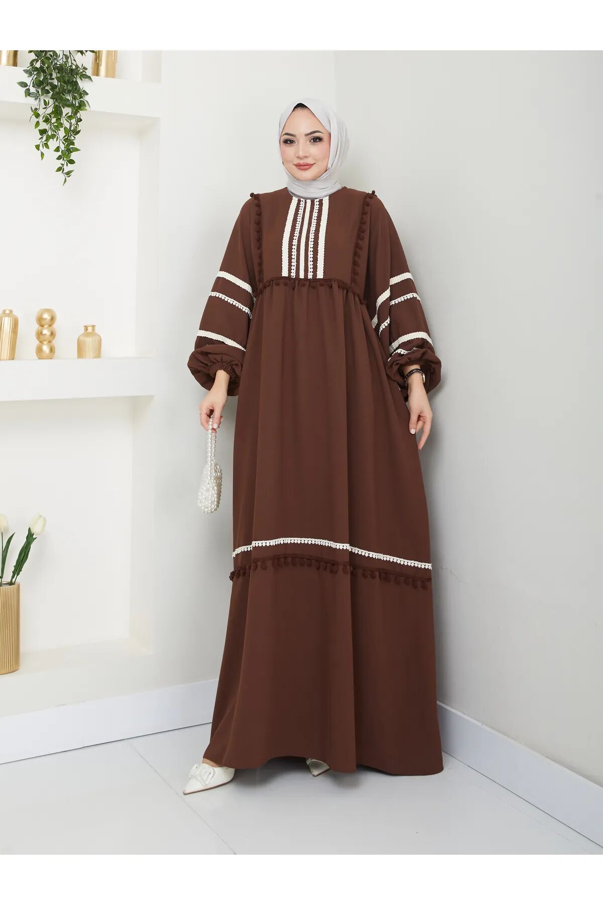 Şerit İşlemeli Geniş Elbise Kahverengi 4XL