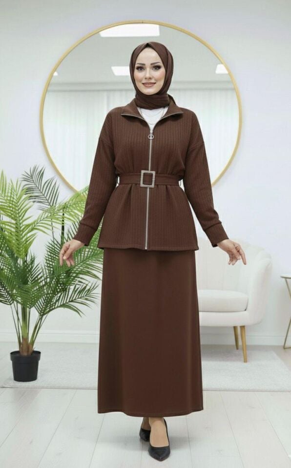Loyşa Kemer Detaylı Etekli Takım Kahverengi 2XL