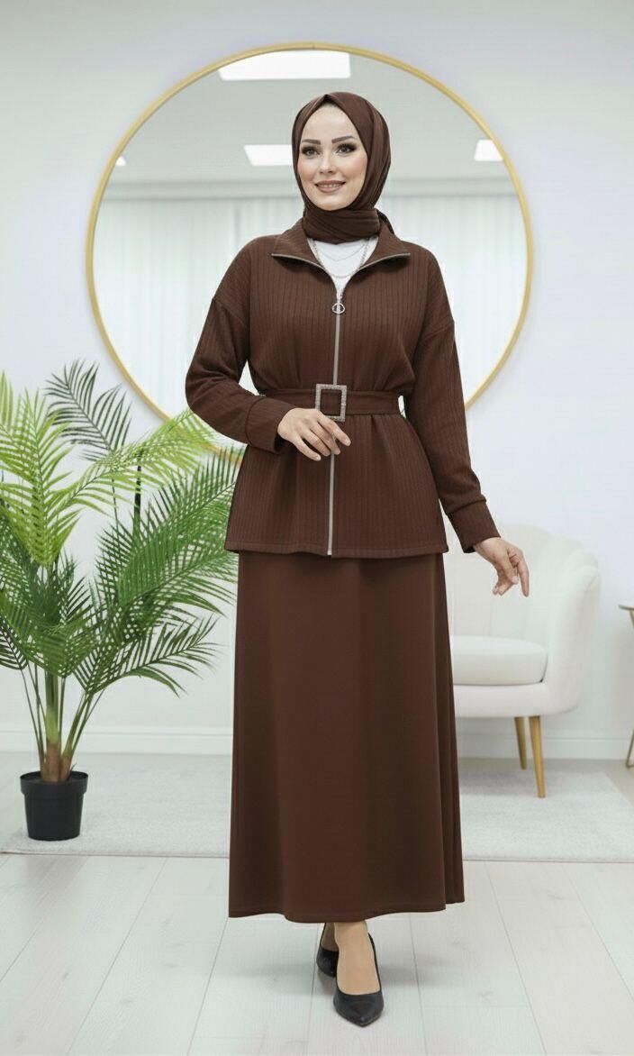 Loyşa Kemer Detaylı Etekli Takım Kahverengi 2XL