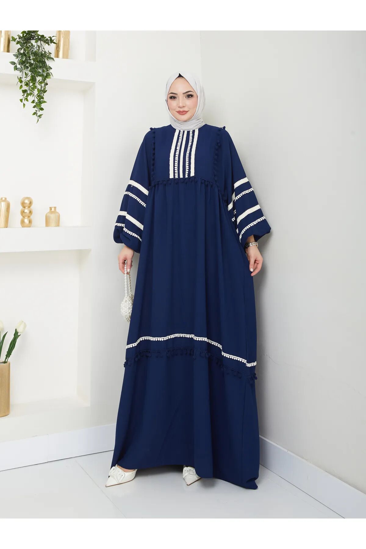 Şerit İşlemeli Geniş Elbise Lacivert 4XL