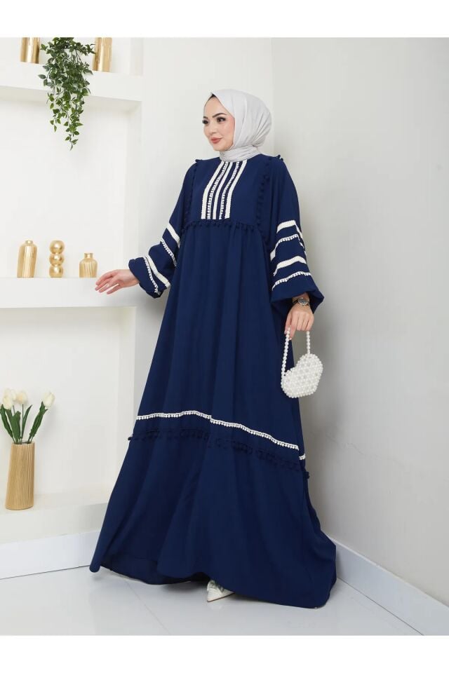 Şerit İşlemeli Geniş Elbise Lacivert 4XL