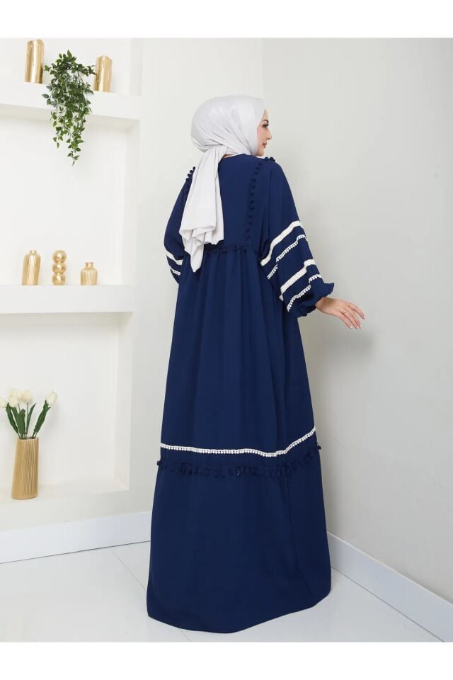 Şerit İşlemeli Geniş Elbise Lacivert 4XL
