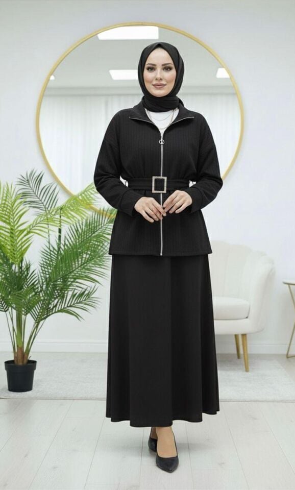 Loyşa Kemer Detaylı Etekli Takım  Siyah 2XL