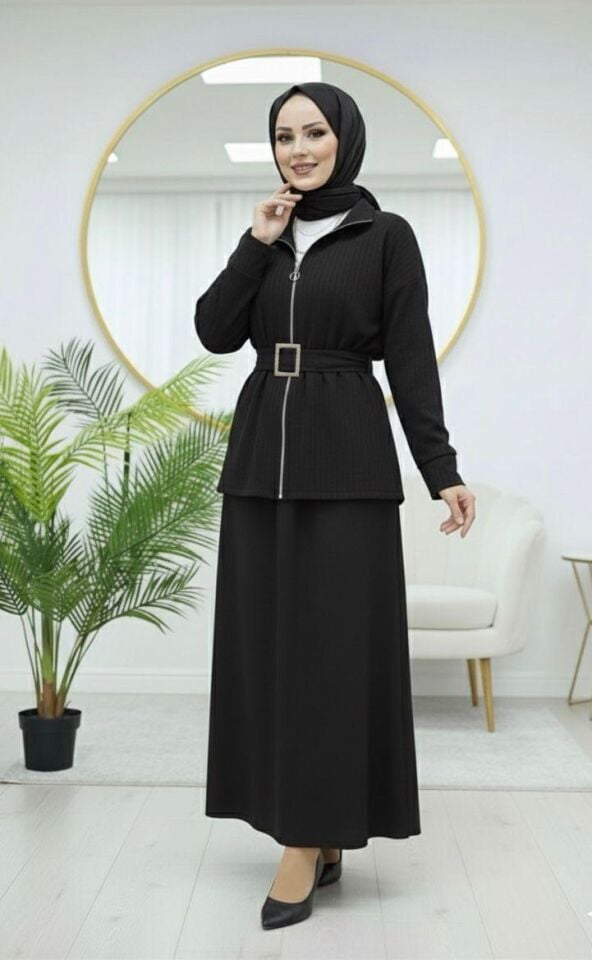 Loyşa Kemer Detaylı Etekli Takım  Siyah 2XL