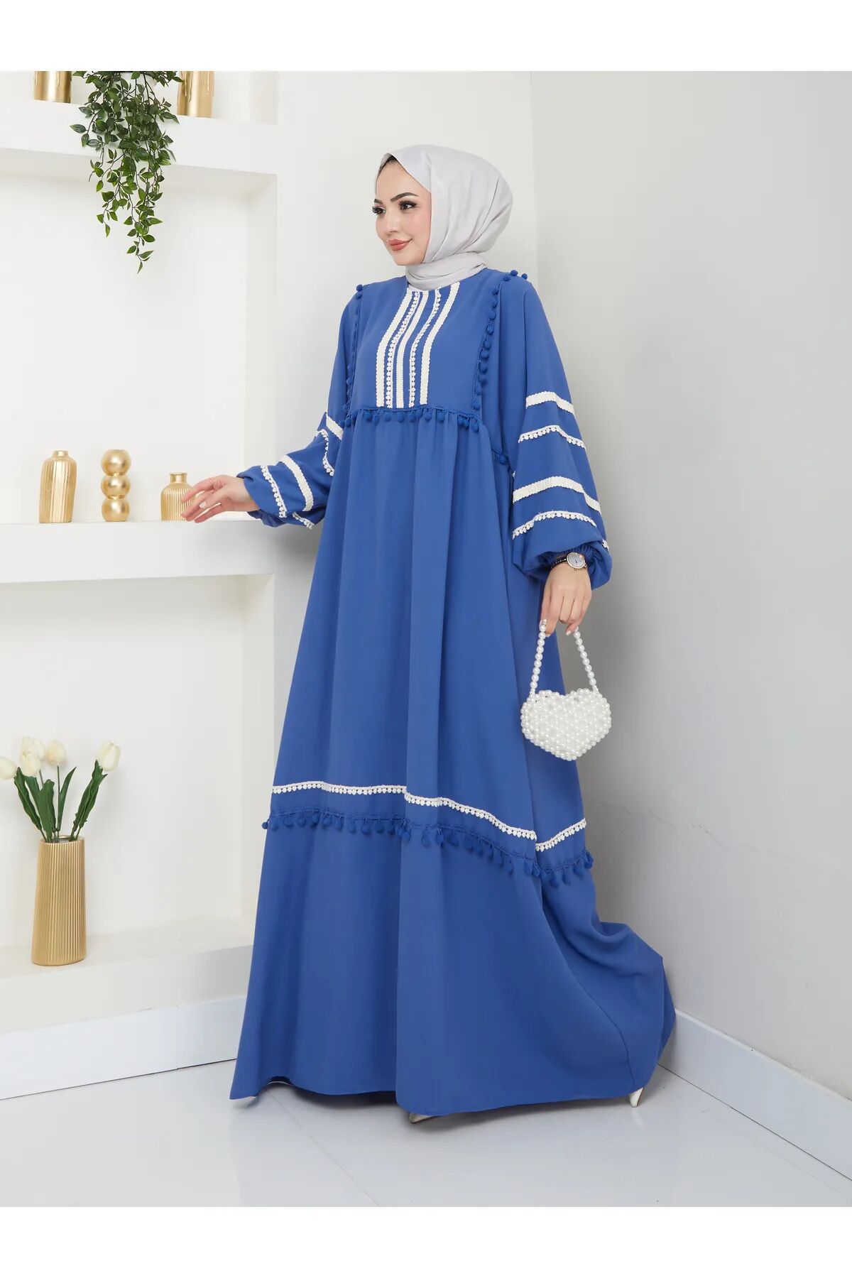 Şerit İşlemeli Geniş Elbise Mavi 4XL