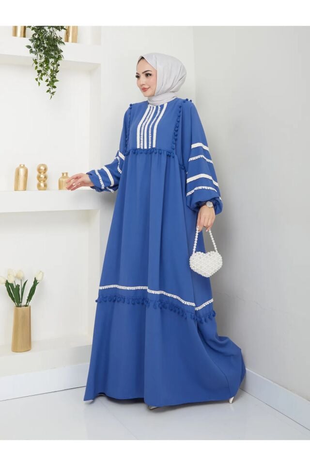 Şerit İşlemeli Geniş Elbise Mavi 4XL