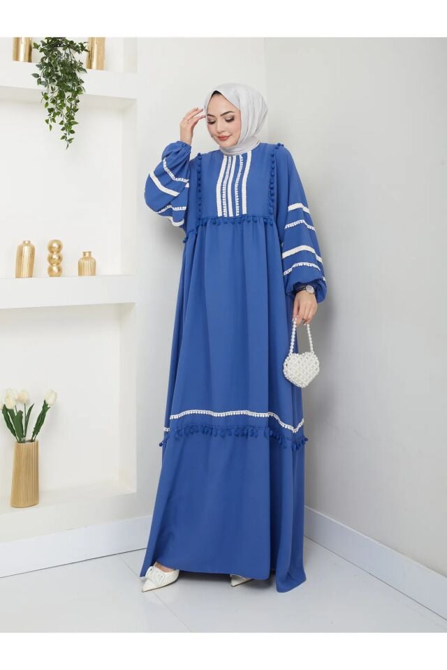 Şerit İşlemeli Geniş Elbise Mavi 4XL